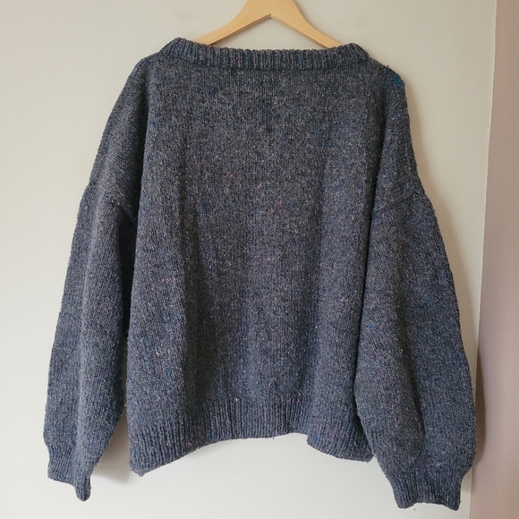 Vintage Handmade Knit Grey Wool Oversized Sweater with Geometric Design - Picture 2 of 8